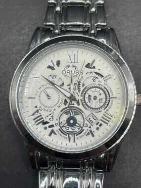 ORUSS 1853 Mens Watch White Dial Skeleton Roman Numerals Link Bracelet 39mm
